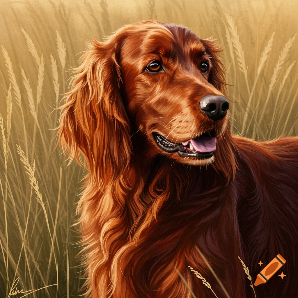 An Irish Setter standing in a field of tall grass.