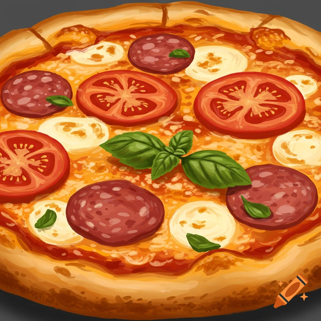 A close-up of a pizza topped with pepperoni, tomato slices, mozzarella, and basil leaves.