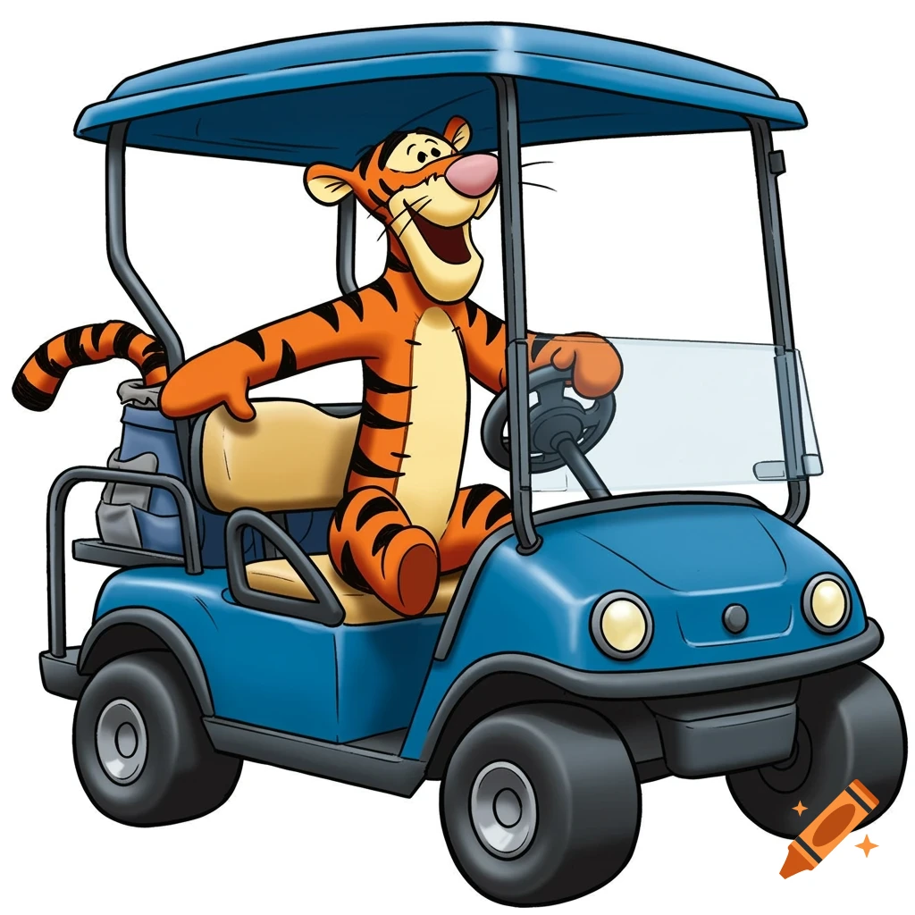 Tigger from Winnie the Pooh cheerfully drives a blue golf cart in a cartoon style.