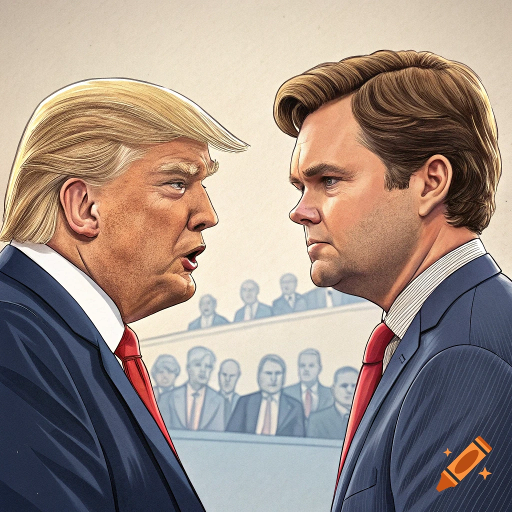 Illustrative portrait of Donald Trump and J.D. Vance facing each other.