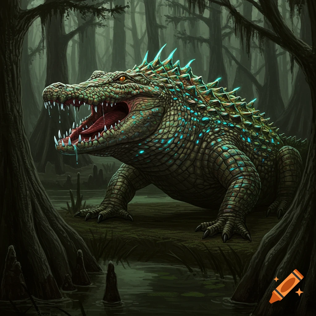 A large mutant gator with glowing scales in a swamp forest, mouth open.
