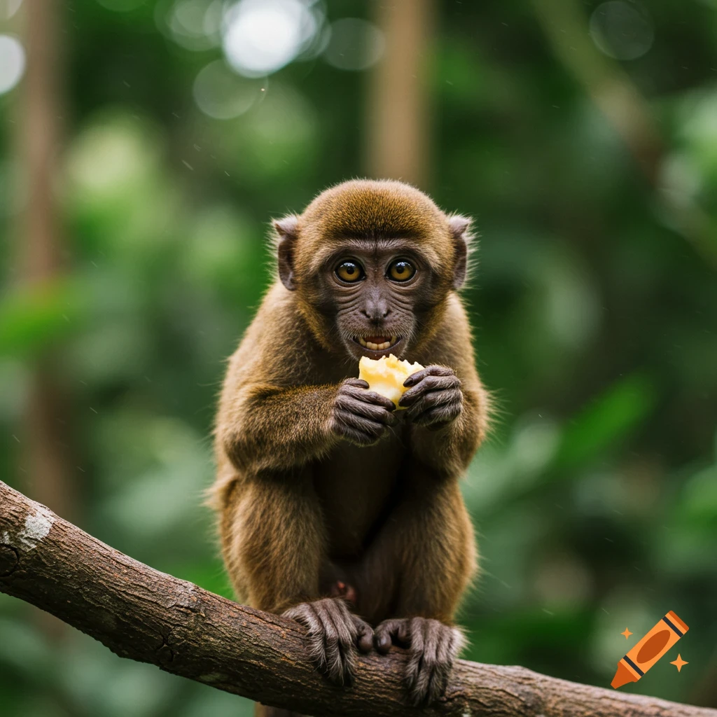 Young monkey sits on a branch eating a piece of yellow fruit in a forest.