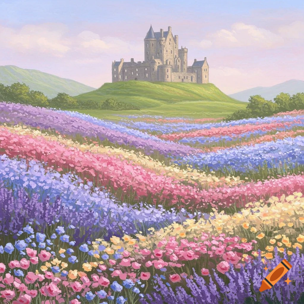 A castle sits on a hill above a field of colorful pastel flowers.