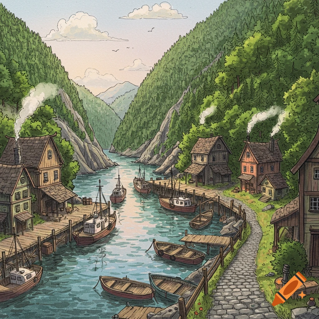 A hand-drawn illustration of a rustic harbor village nestled in a mountain valley with boats docked along wooden piers.