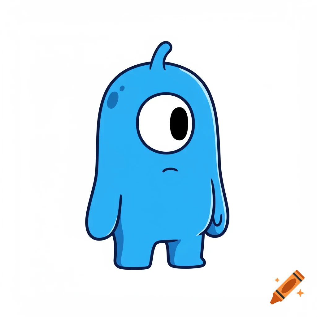 A blue one-eyed cartoon monster with a cowlick.