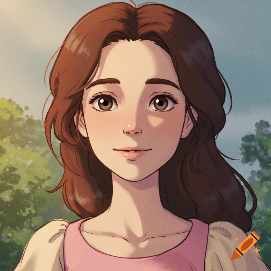 Portrait of a young brunette woman drawn in Studio Ghibli style