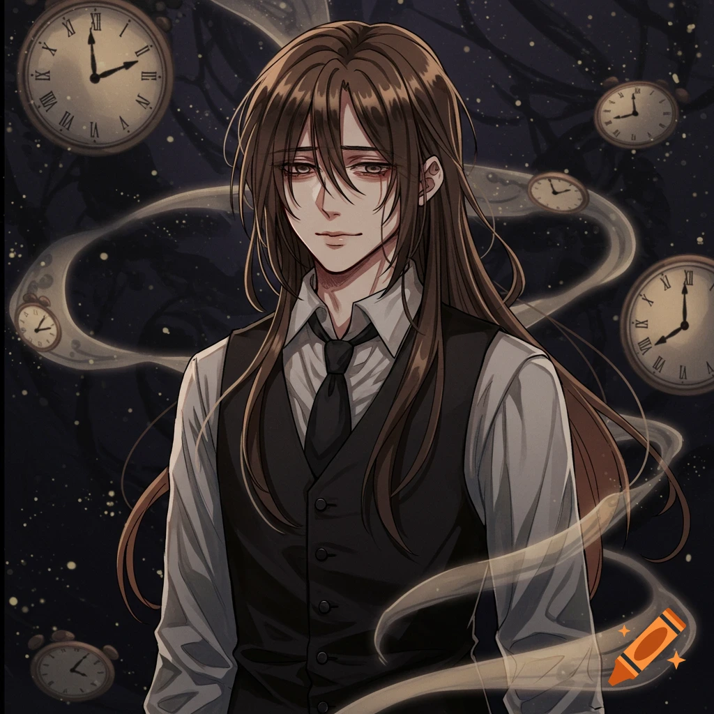 Manga illustration of a man with long brown hair in a vest and tie, surrounded by ethereal clocks and smoke in a dark void.