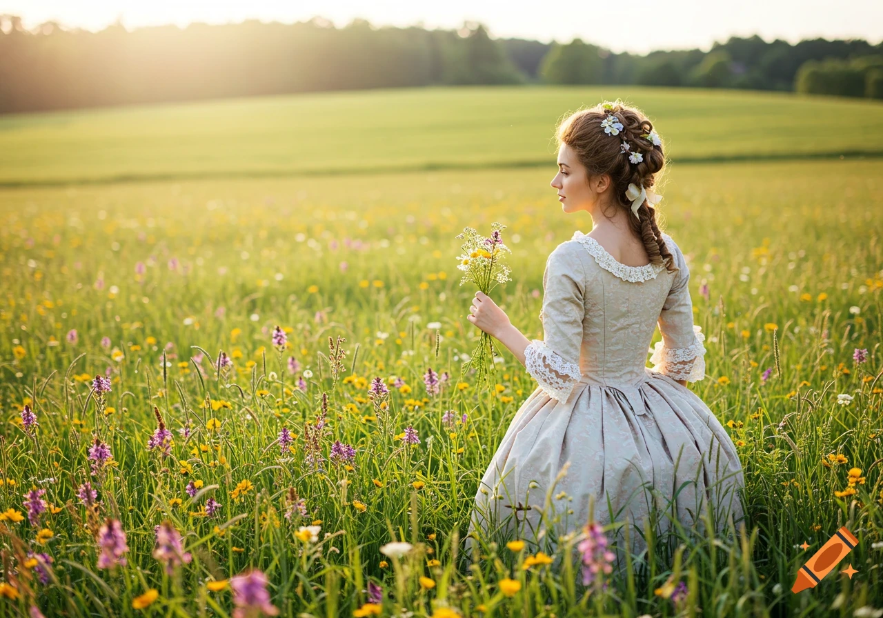 An 18th-century lady in a historical dress holds flowers in a sunny meadow.