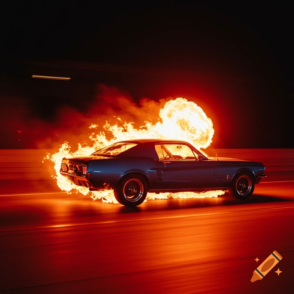 Blue Mustang GT on fire racing down a dimly red-lit highway with a fireball explosion.