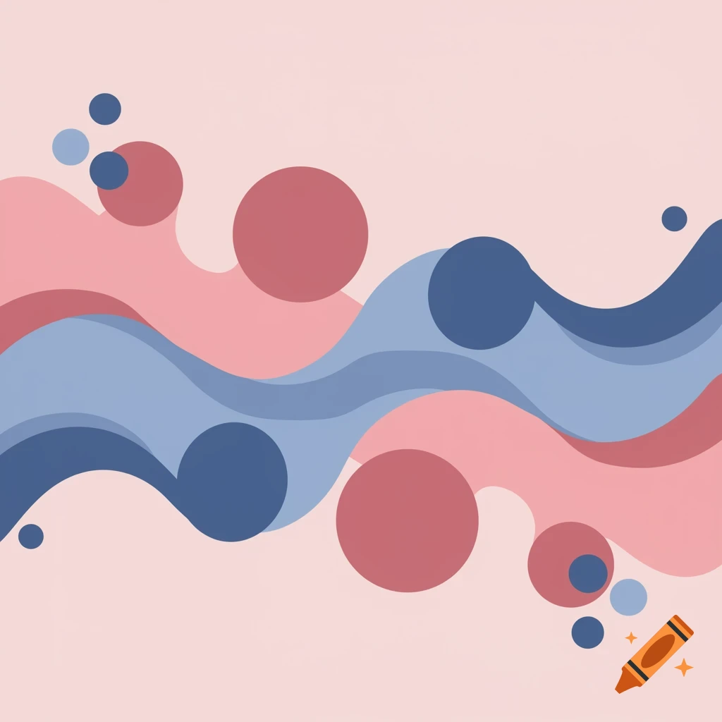 Abstract illustration of flowing pink and blue waves and circles on a light pink background.