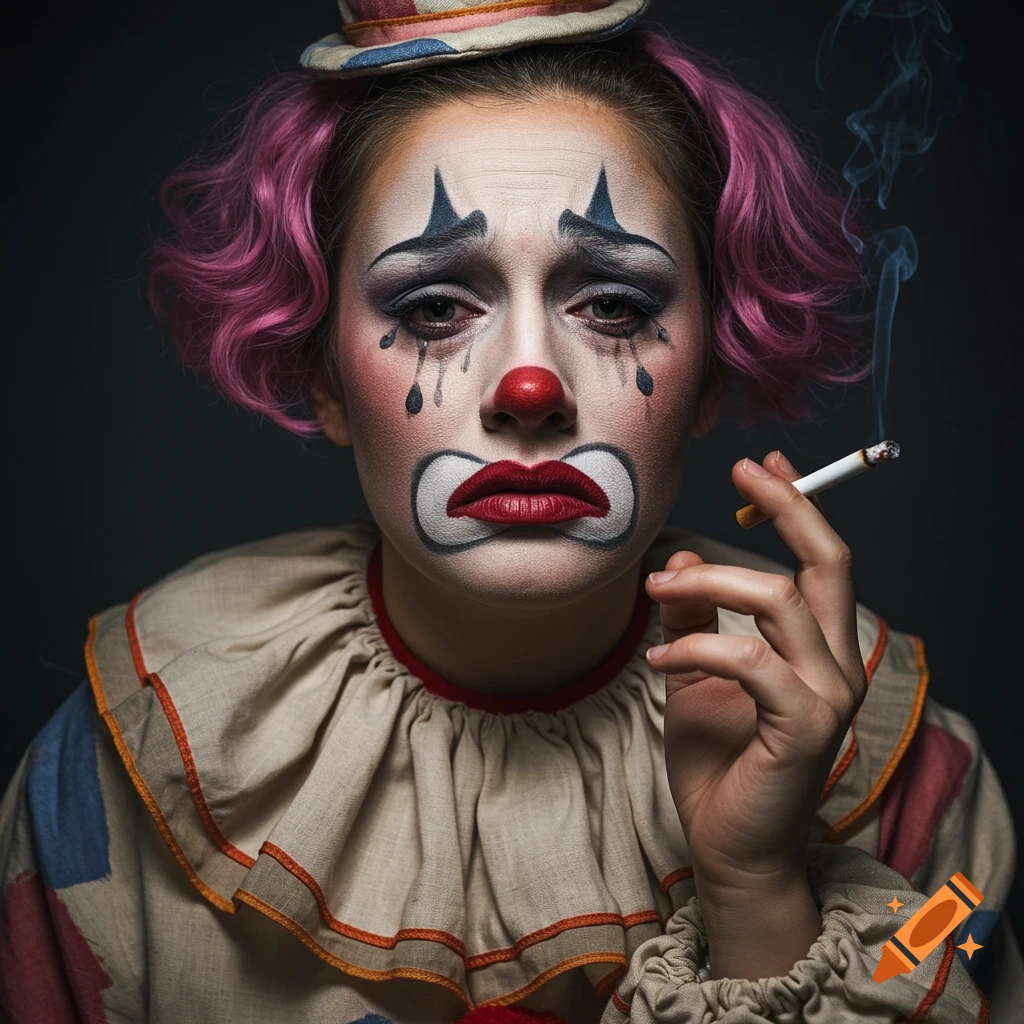Close-up portrait of a sad clown with pink hair, crying makeup, and cigarette.