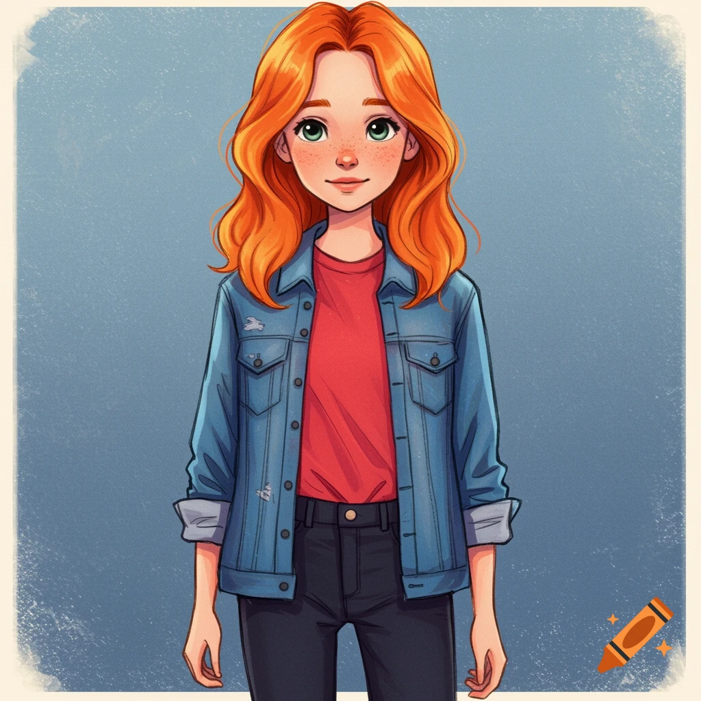 Stylized drawing of a red-haired girl in a denim jacket and red shirt against a blue background.