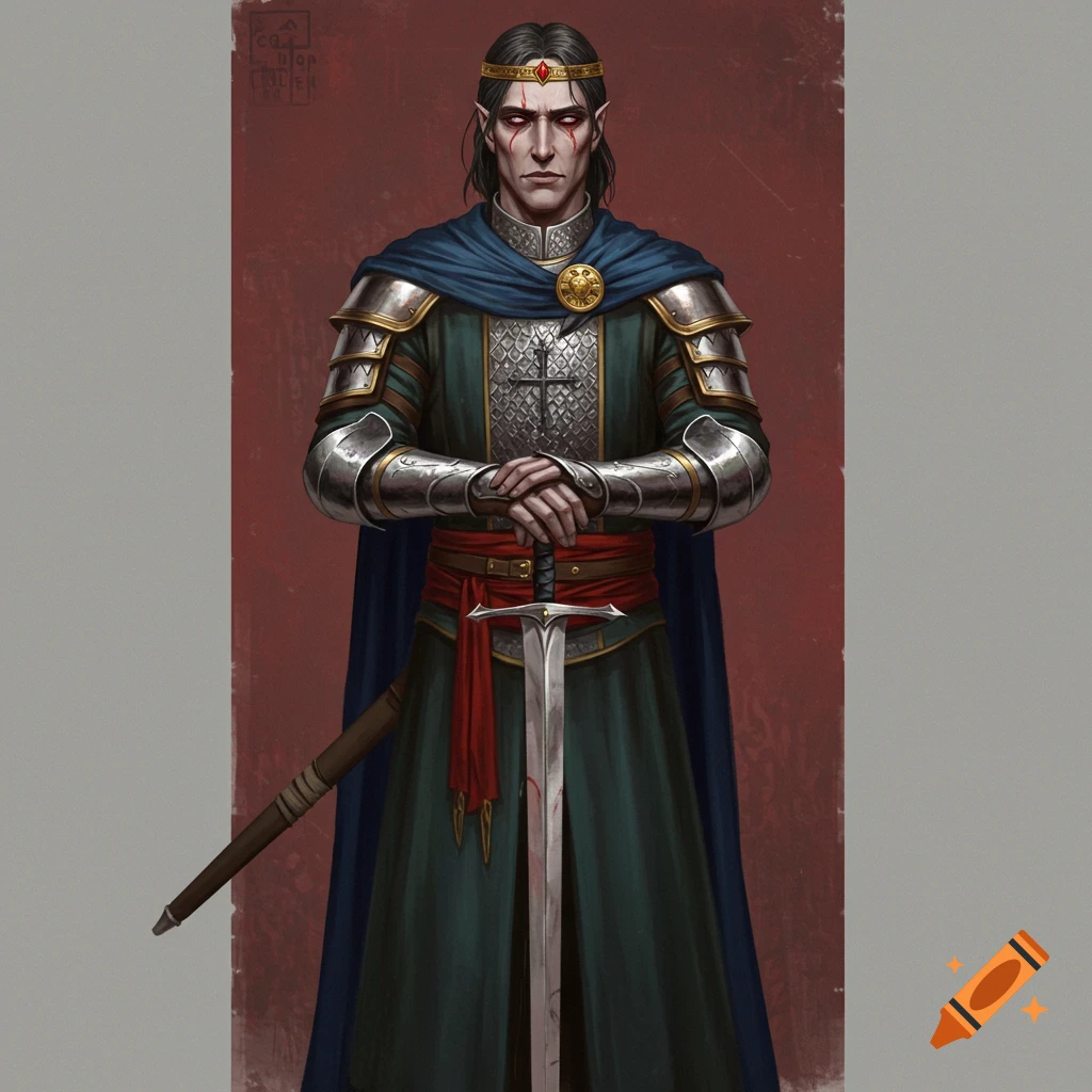 Painting of a fantasy man in armor with elf ears and red markings, holding a sword.