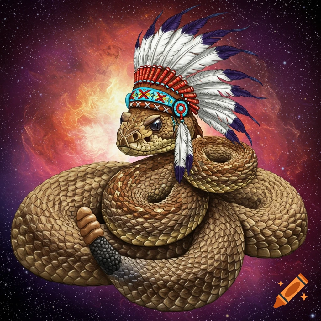 A rattlesnake in a Native American headdress against a cosmic background