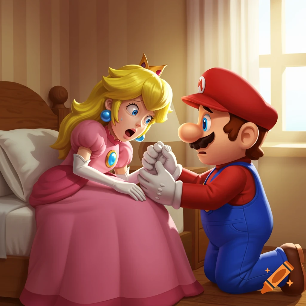 Mario kneels by a bed comforting a distressed Princess Peach, holding her hands in a bedroom.
