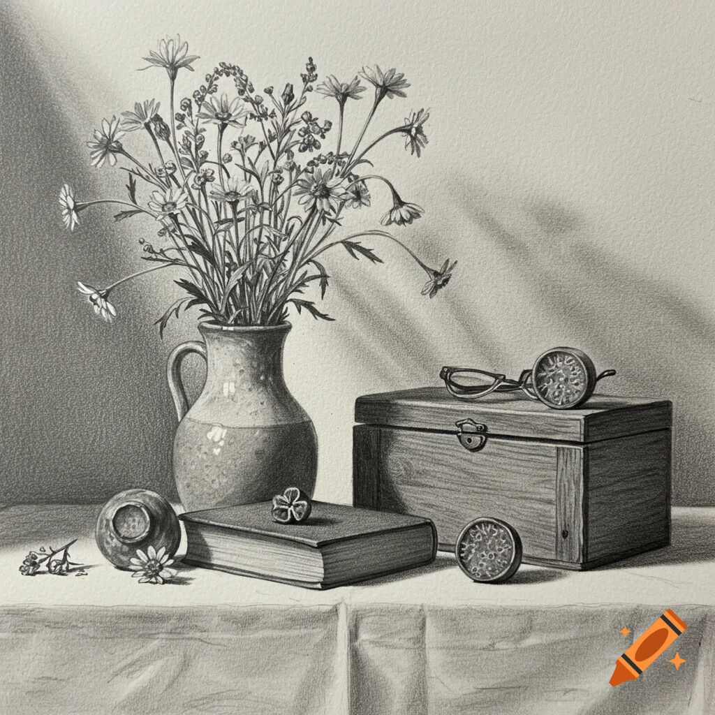 Pencil drawing still life with flowers in a vase, a book, and glasses.