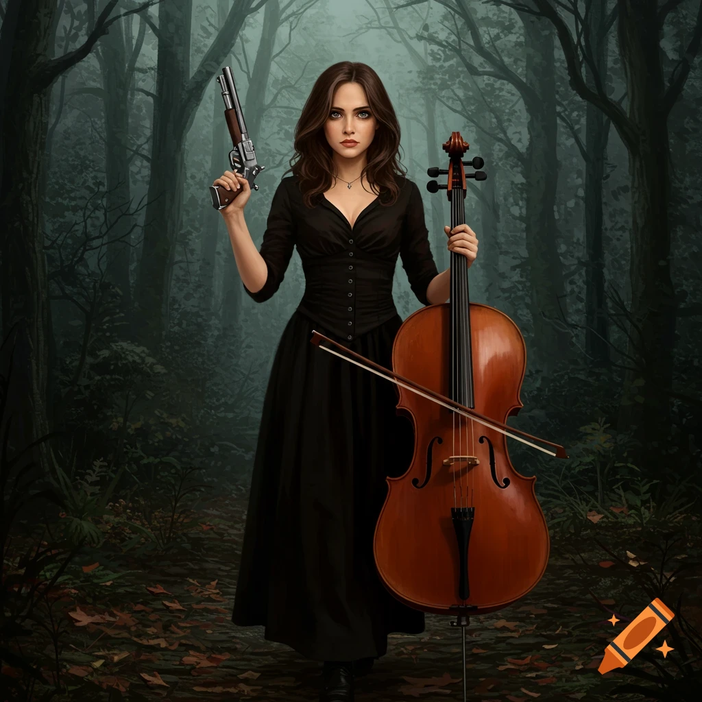 A woman in a black dress holds a gun and a cello in a dark forest.