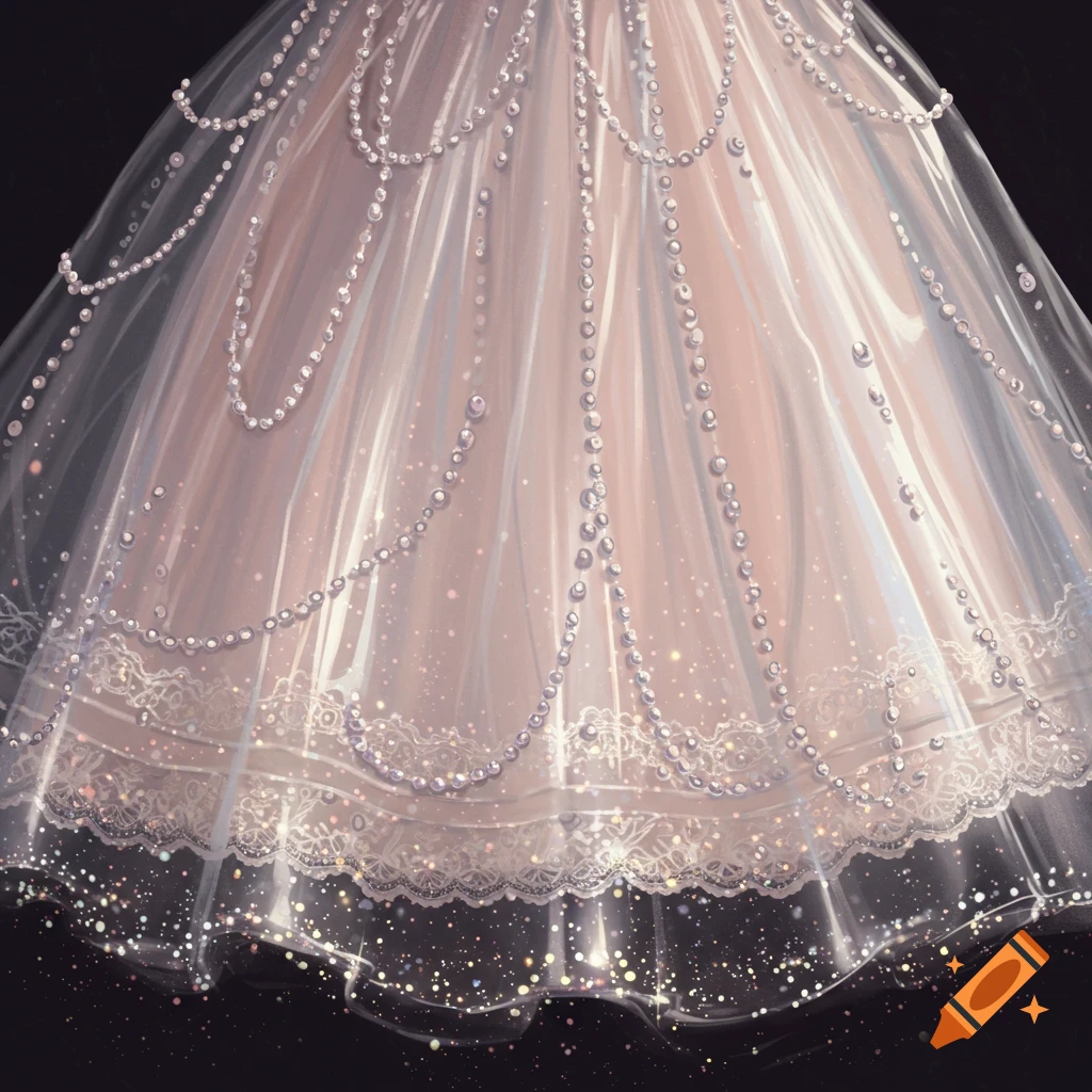 Bottom of a sheer dress decorated with pearls and lace, with sparkles around the hem, digital art style.