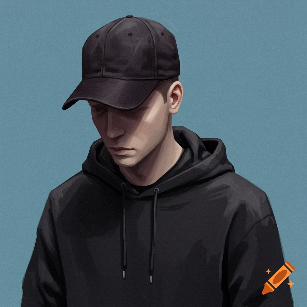 A person wearing a black hoodie and cap, looking down.