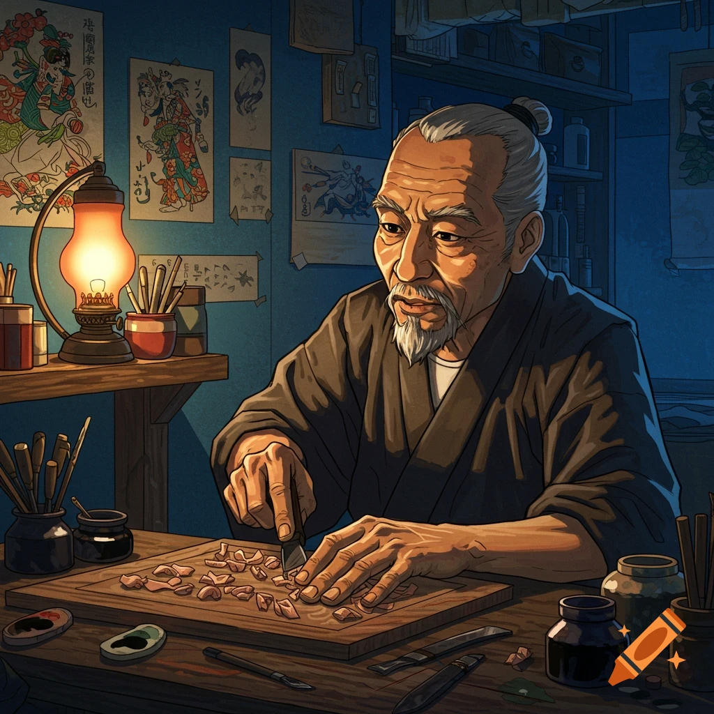 An old man carving wood in a dimly lit workshop with Japanese art on the walls.