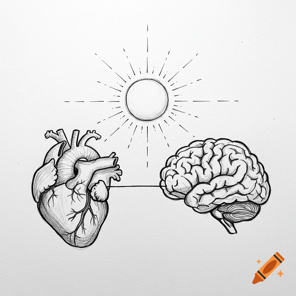 A pencil sketch shows a human heart and brain connected by a line, aligned below a radiant sun symbol.