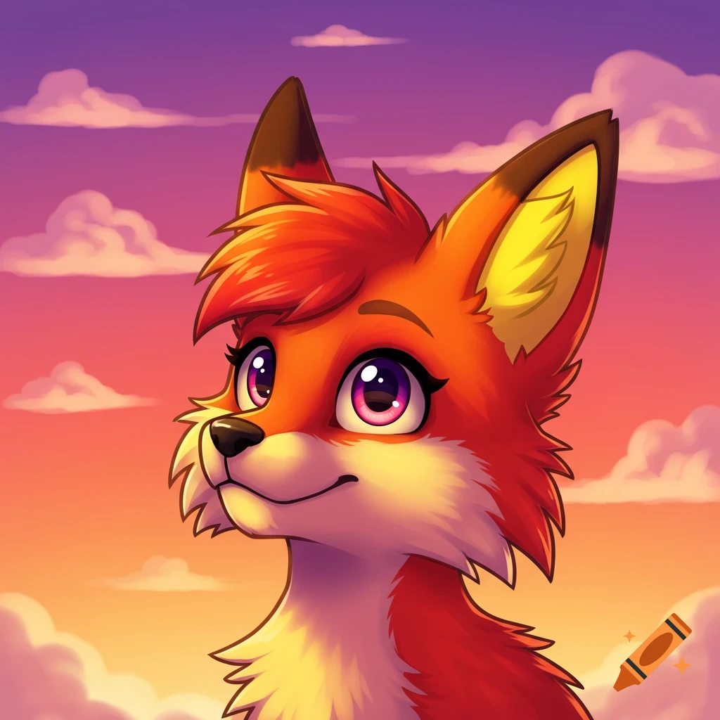 Cartoon portrait of an orange fox with purple eyes and yellow ears against a sunset sky.