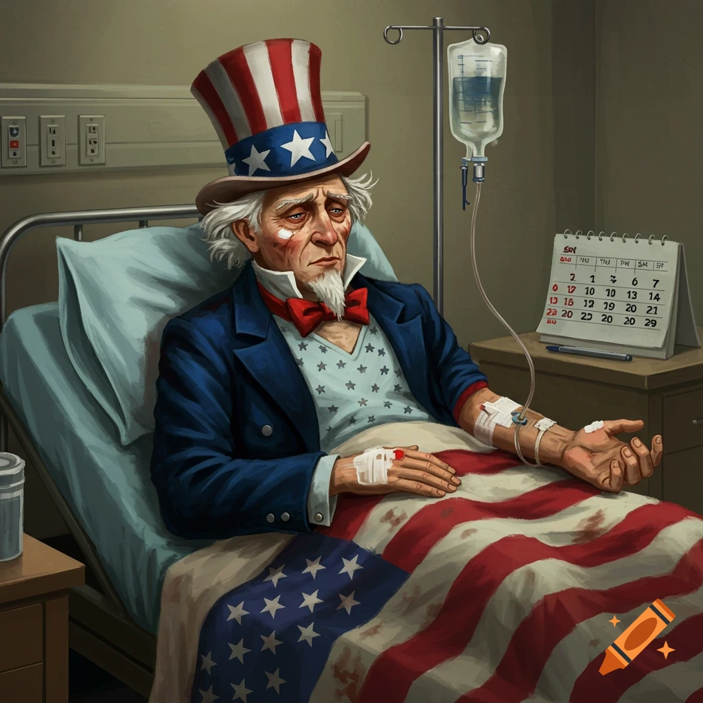 Uncle Sam in a hospital bed receiving an IV infusion.