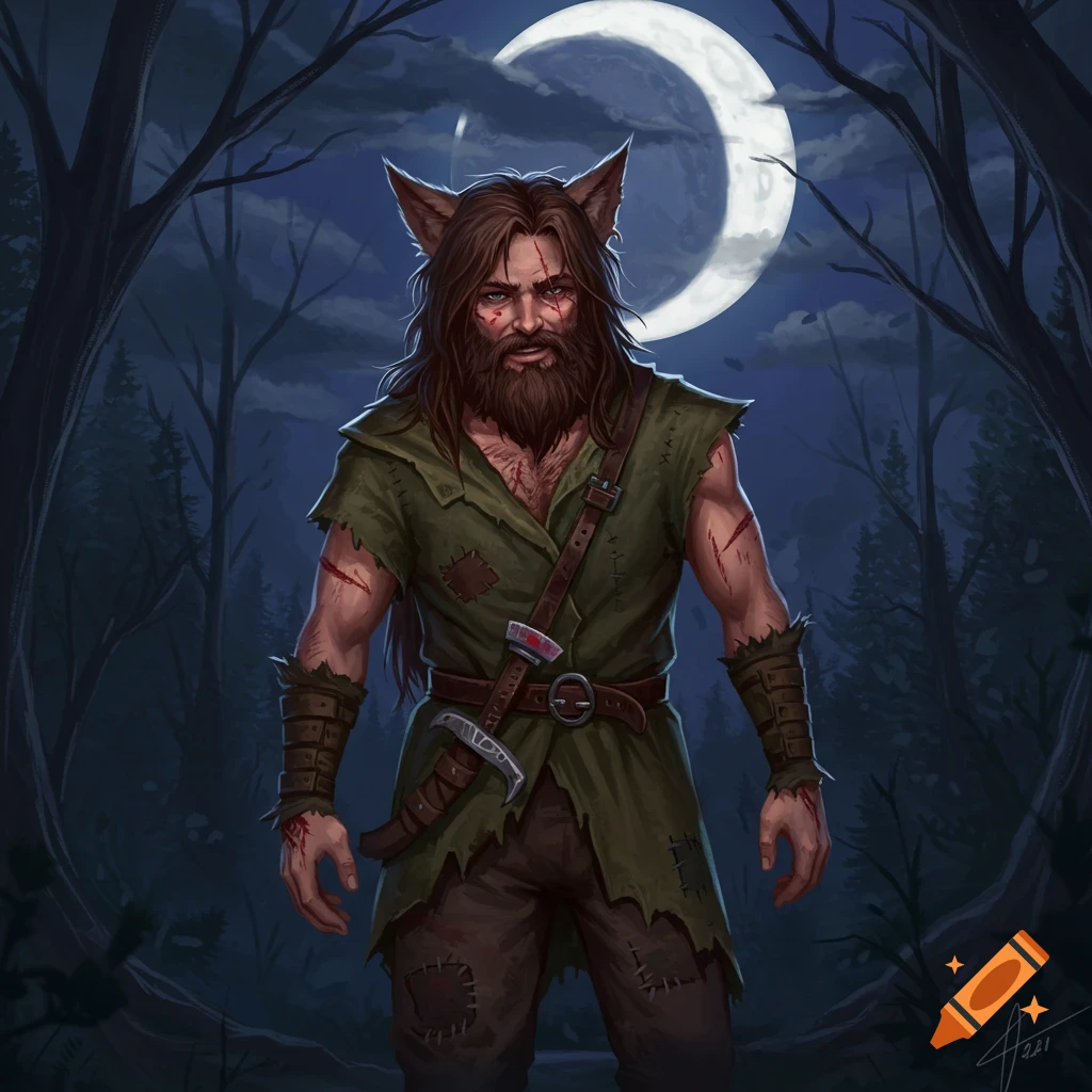 Man with wolf ears and scars standing in a dark forest at night under a crescent moon.