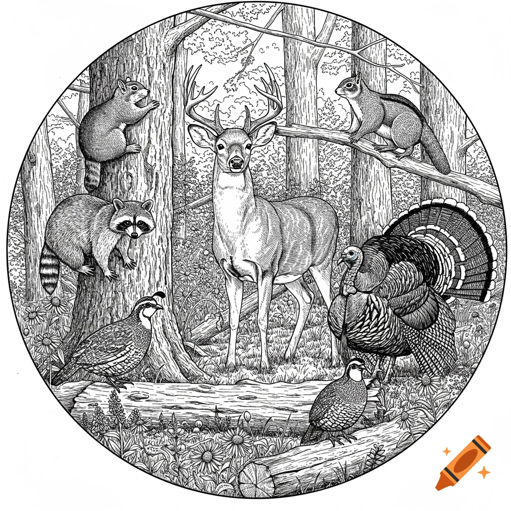 A circular black and white line art drawing of a deer, turkey, raccoon, squirrel, and two quail in a forest clearing.