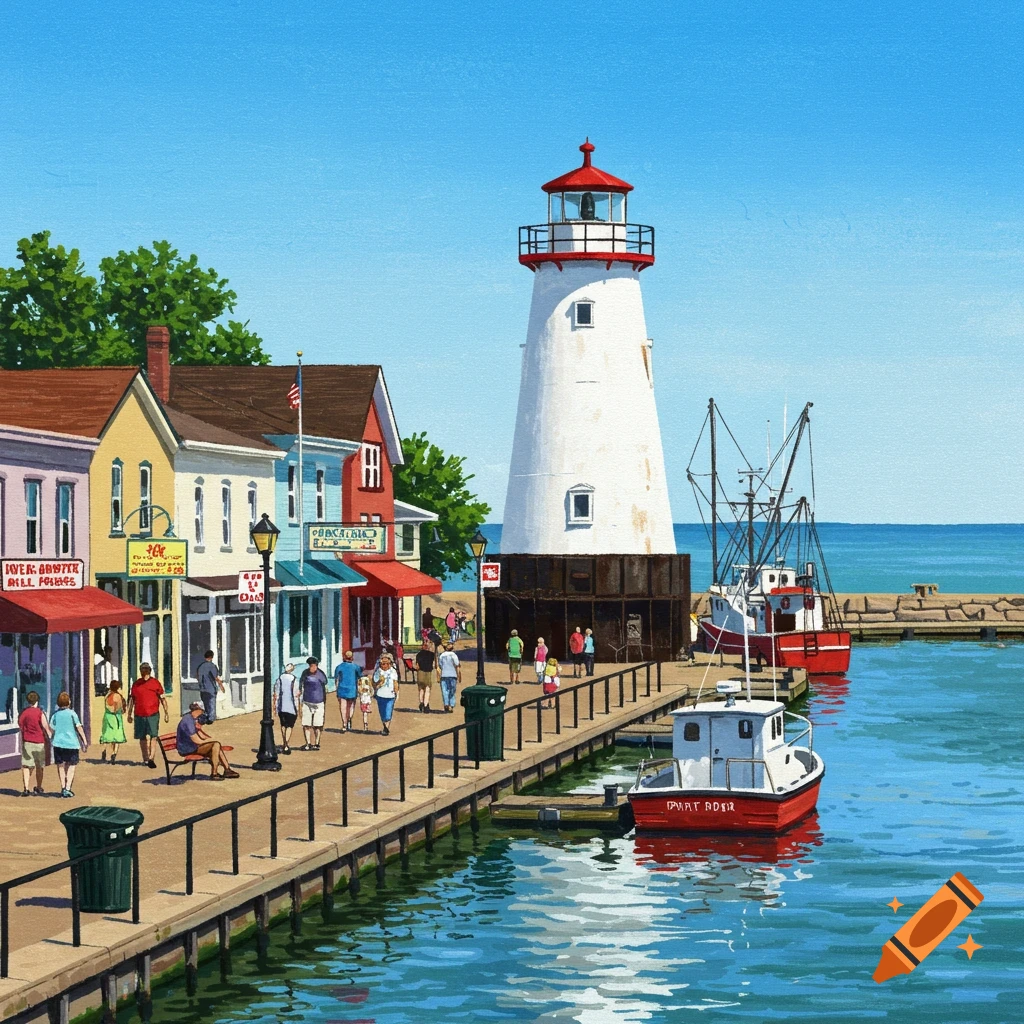 A harbor town with a lighthouse, buildings, people walking along a pier, and boats in the water.