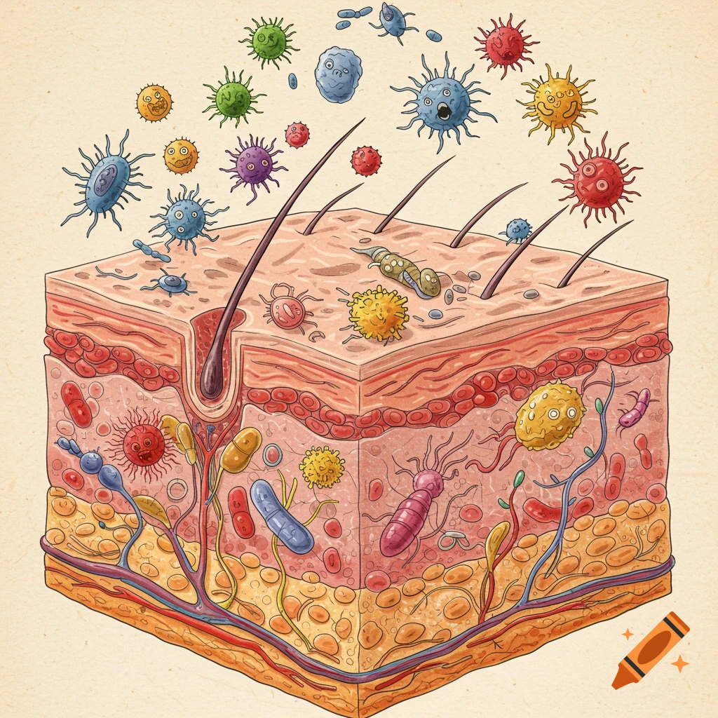 Illustration of a cross-section of skin showing cartoon microbes and bacteria on the surface and within layers.