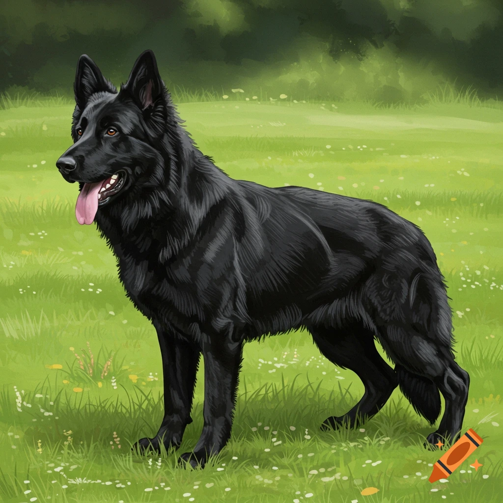 A black German Shepherd standing in a grassy field.