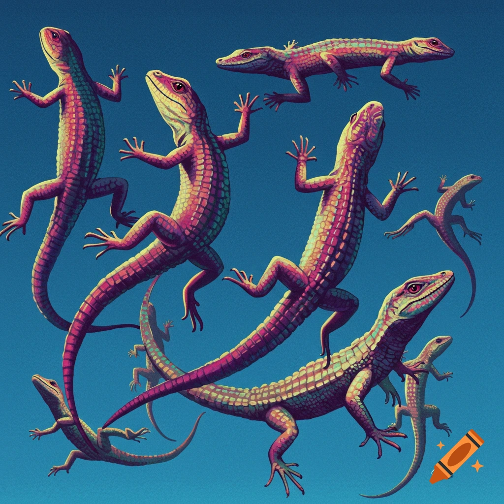 Colorful lizards floating in a blue sky.