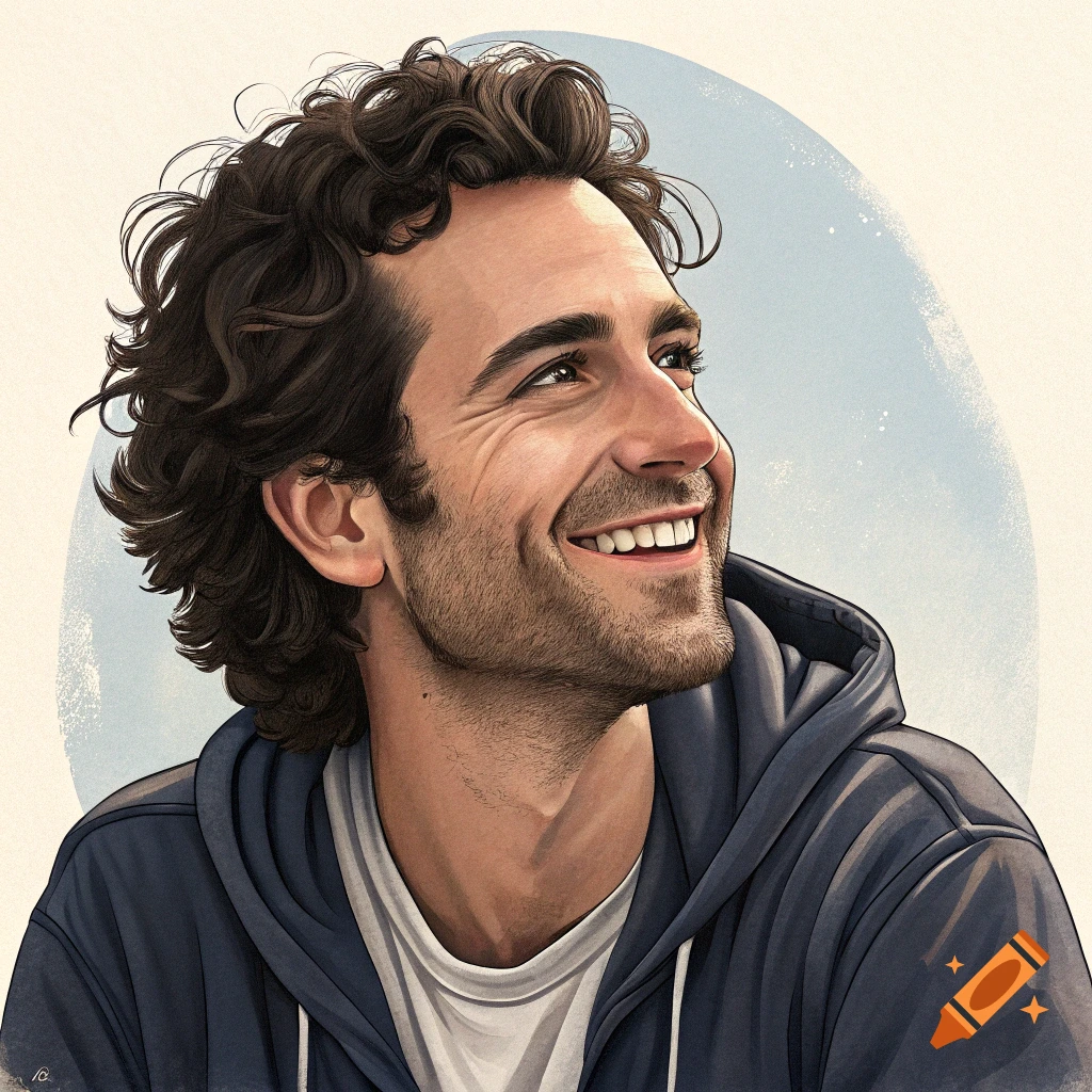 Illustrated portrait of a smiling man with curly hair and beard wearing a hoodie, looking up.