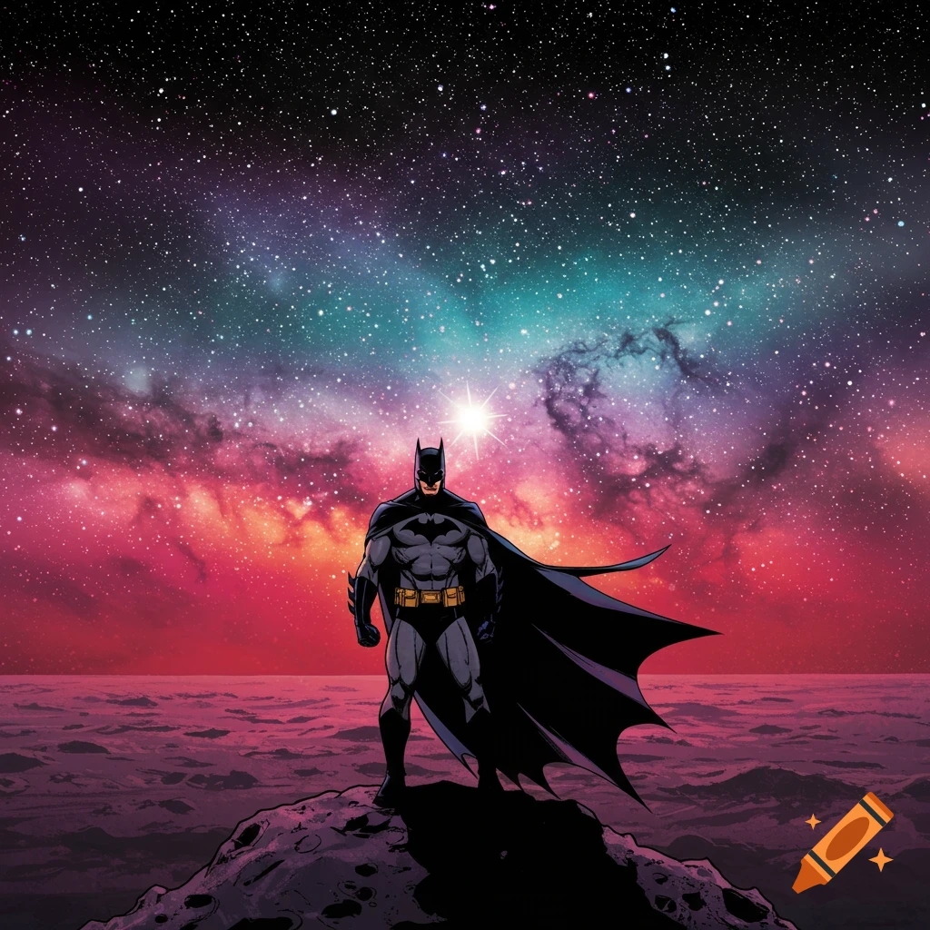Batman stands on a rocky surface looking out at a vibrant galaxy.