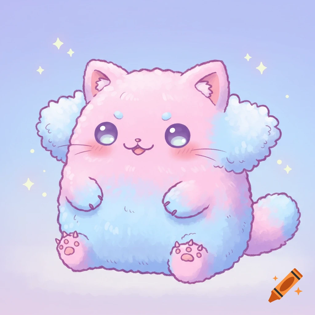 A cute fluffy pastel pink and blue cat-like blob monster sits with sparkles around it.
