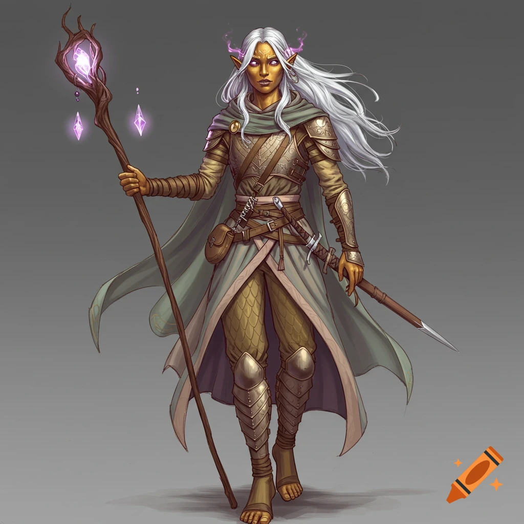 A female fantasy character with pale gold skin, silver hair, and glowing violet eyes, wearing armor and a cloak, holding a staff and sword.