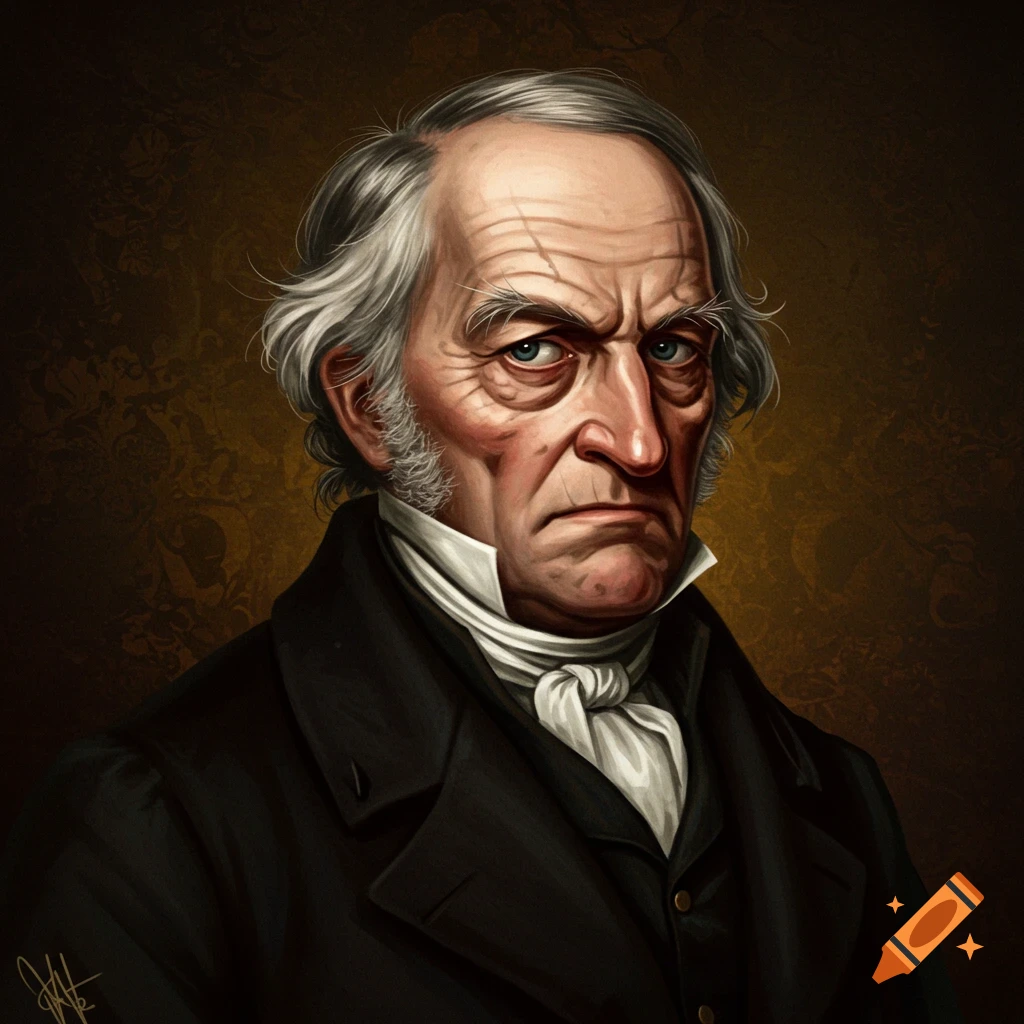 Portrait of a stern-faced older man with grey hair and cravat