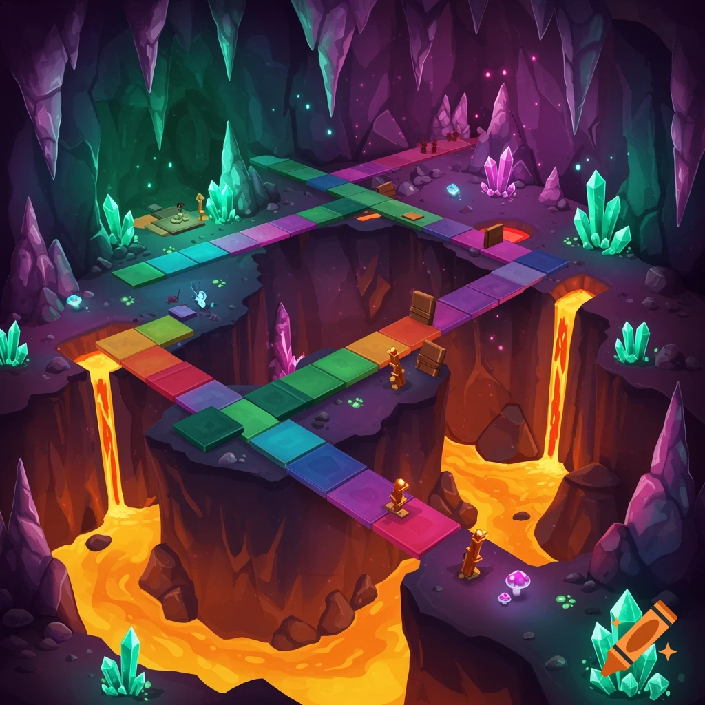 Colorful board game path in a fantasy cave with lava, crystals, and dramatic lighting.