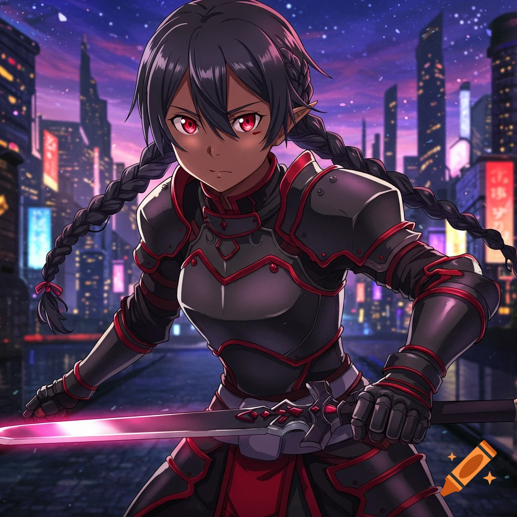 Anime character in black and red armor holds a glowing sword in a futuristic city at night.