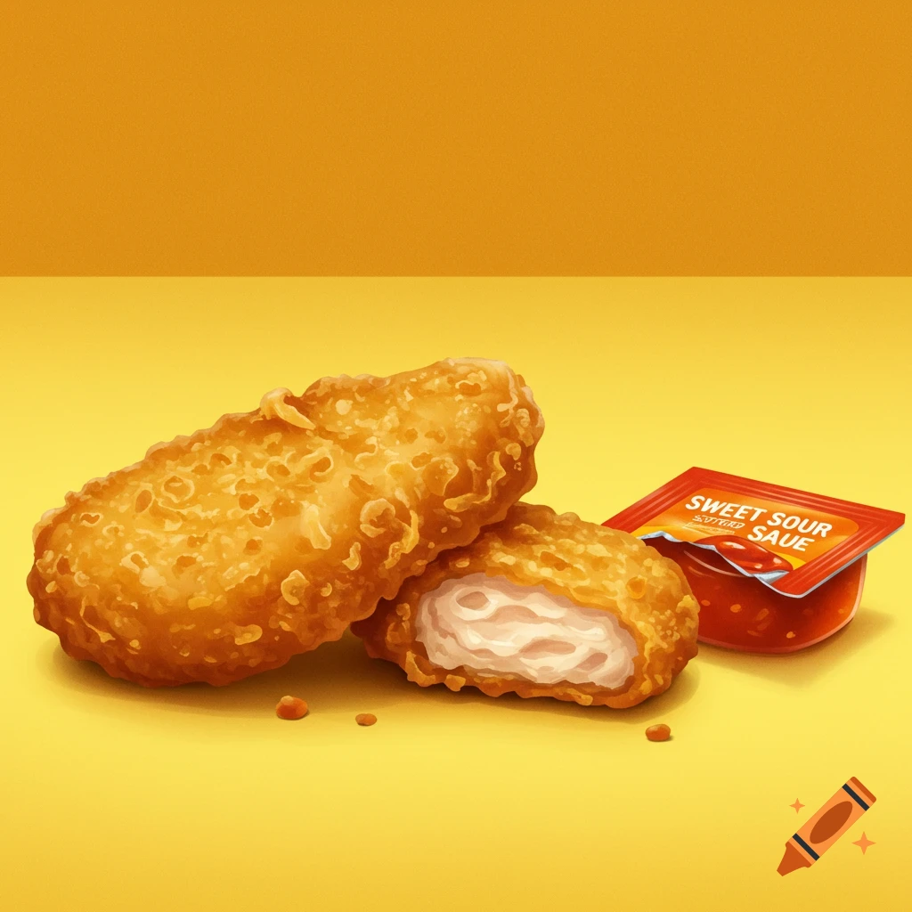 chicken nuggets and a packet of sweet and sour sauce on a yellow background.