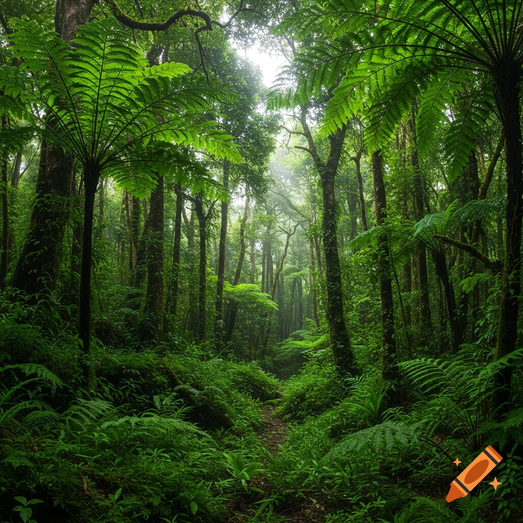 A lush green rainforest with a path winding through dense trees and ferns, with sunlight filtering through the canopy.