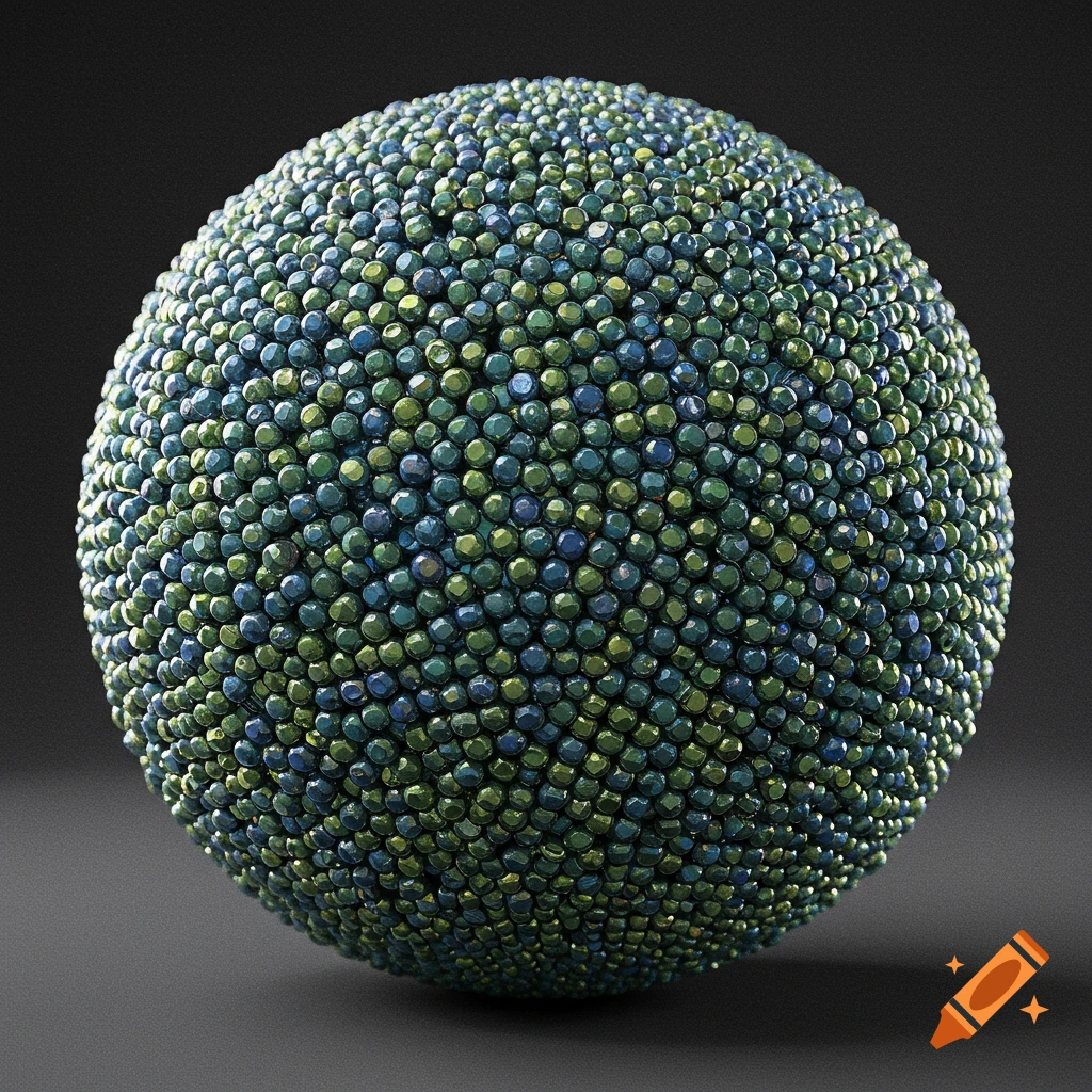 A sphere covered in small green and blue faceted seed beads.