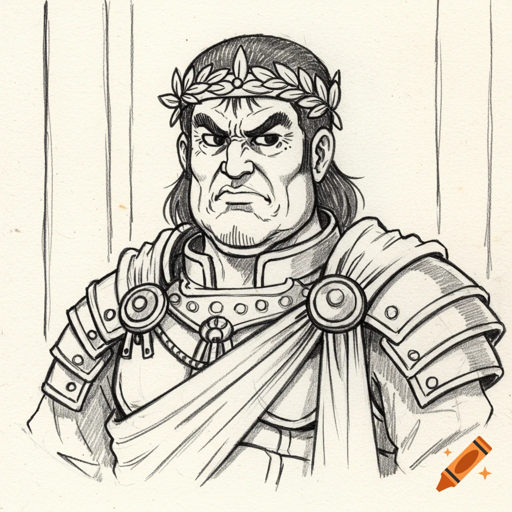 Black and white sketch of a stern Roman Emperor in armor wearing a laurel wreath.