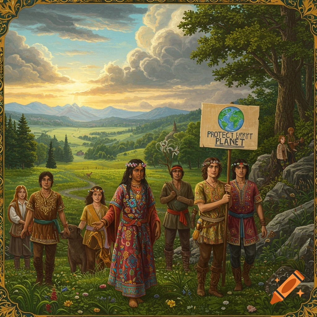 people holding a 'Protect Errt Planet' sign in a landscape.