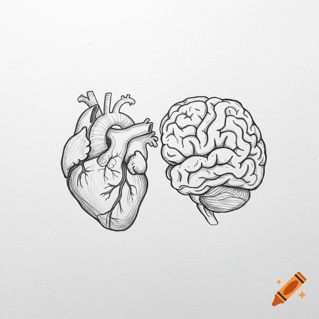 Pencil sketch of a human heart and brain.