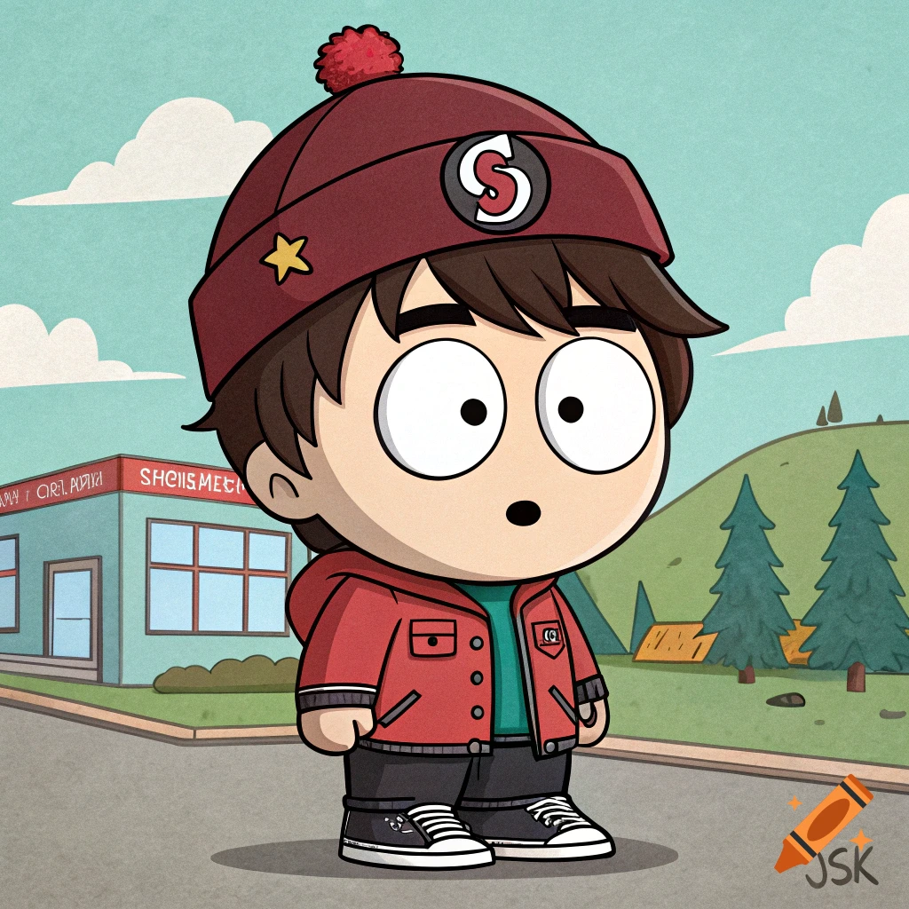 Cartoon character resembling South Park's Stan Marsh, wearing a red hat and jacket, stands in a street.