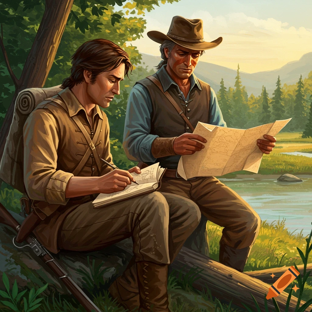 Two men sit by a river in a forest. One is writing in a notebook and the other is studying a map.