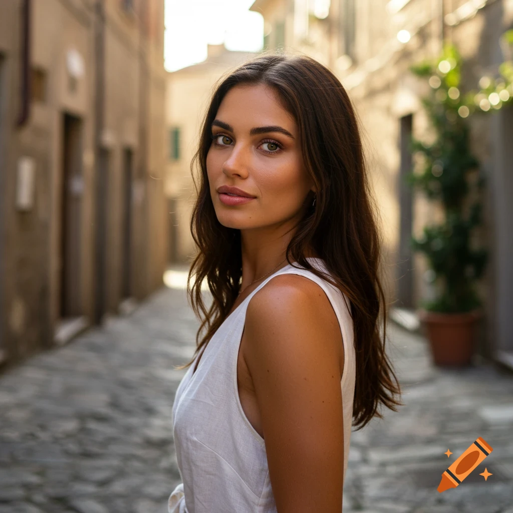 A woman in a white dress stands in a narrow street.