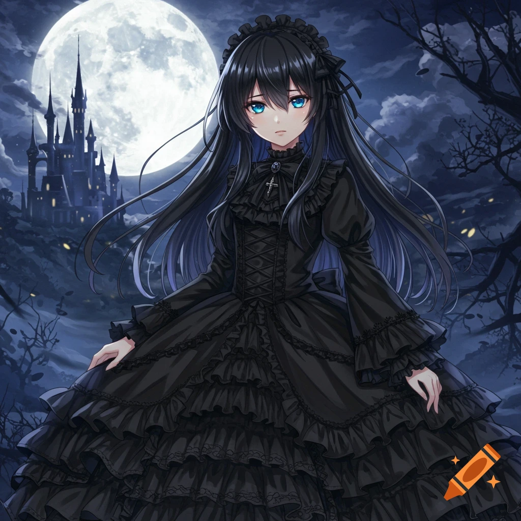 Anime girl in a black gothic dress under a full moon with a castle in the background.
